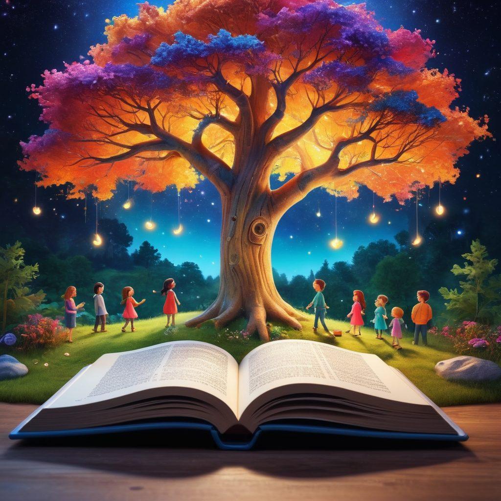 A whimsical digital landscape featuring an open storybook with vibrant illustrations bursting out, where characters come to life, joyfully interacting with a cozy, colorful environment. Bright light shines down, highlighting the enchantment of storytelling, with playful elements like floating words and whimsical trees. Include a diverse group of people engaged in storytelling around the book, embodying happiness and creativity. super-realistic. vibrant colors. 3D.