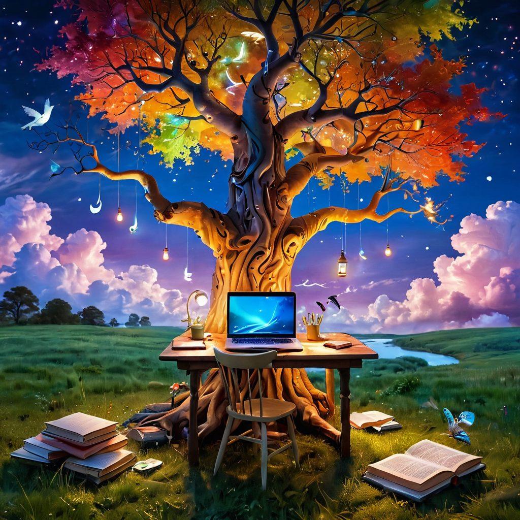 A colorful, whimsical landscape that showcases a dreamy writing desk under a tree with floating books and a quill pen, surrounded by vibrant, swirling clouds of creativity. Include symbols of digital storytelling like a laptop, colorful speech bubbles, and glowing fairy lights. The scene should evoke inspiration and imagination, inviting the viewer into a world of fantasy and creativity. super-realistic. vibrant colors. magical atmosphere.