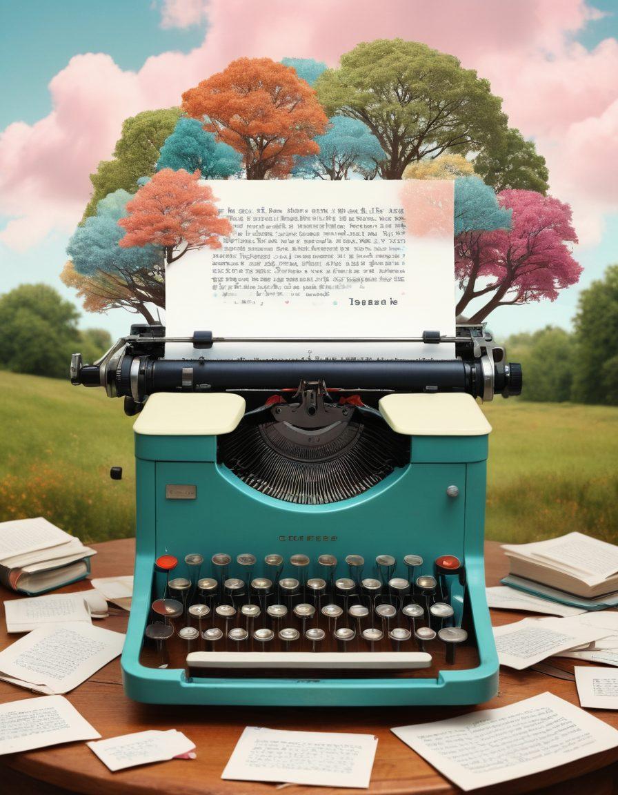 A whimsical, colorful blog scene featuring a vintage typewriter surrounded by floating pages filled with imaginative words and doodles. In the background, a dreamlike landscape with trees shaped like letters and clouds resembling thought bubbles. Soft, pastel hues dominate to evoke creativity and inspiration. super-realistic. vibrant colors. whimsical style.